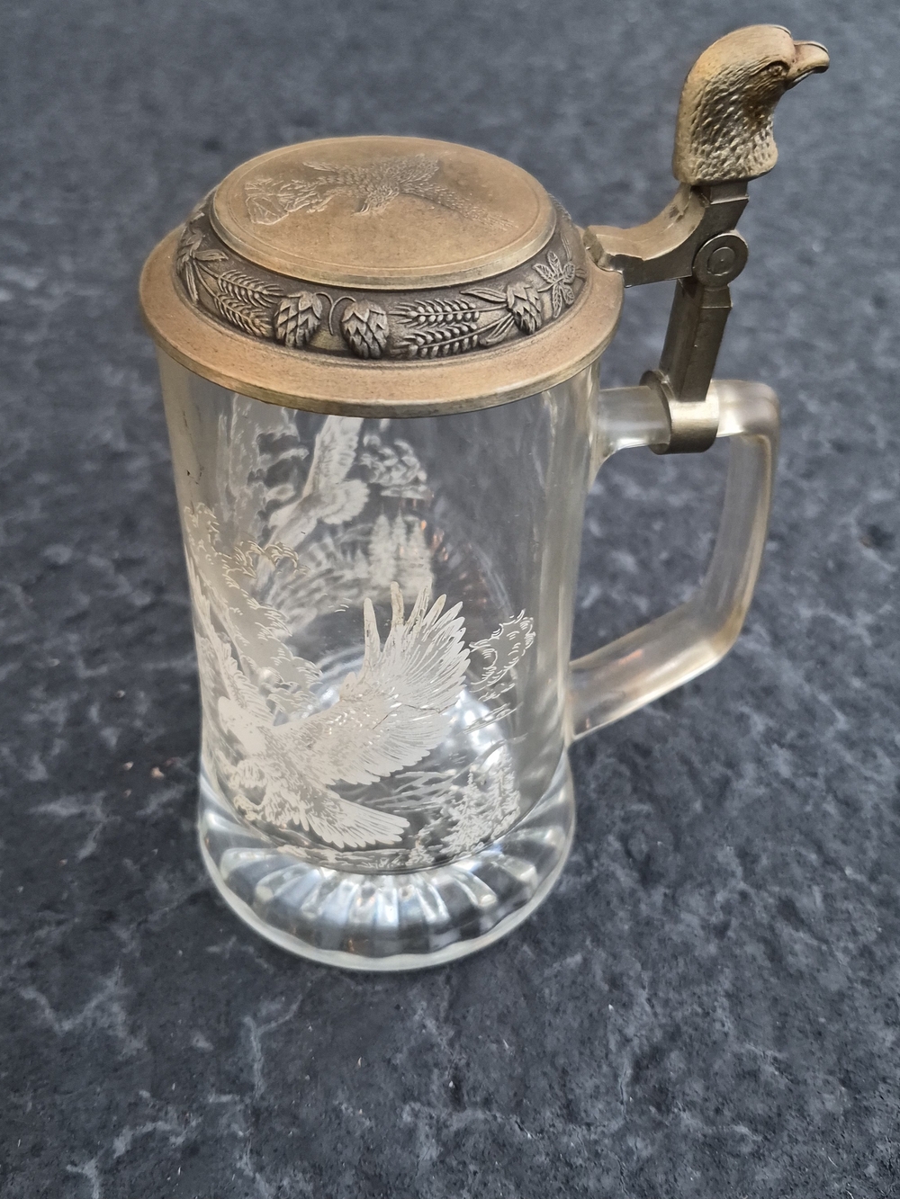Vintage Glass Beer Stein with Etched Eagle and Brass-Tone Lid